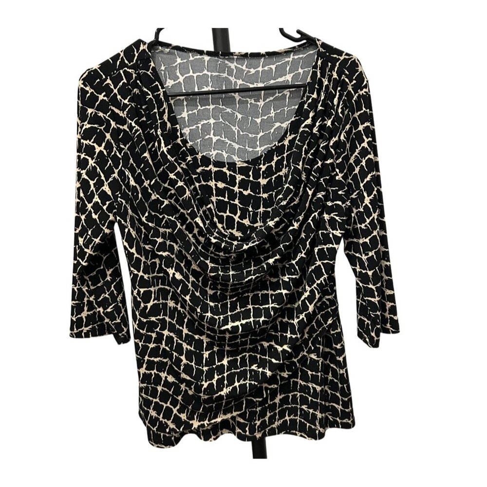 Black Beige Draped Neck Stretchy 3/4 Sleeve Patterned Top Sz MP